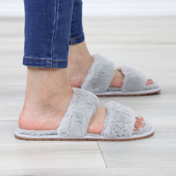 Grey Puff Fuzzy Furry Fluffy Slip On Plush Slippers Double Strap - Picture 6 of 13
